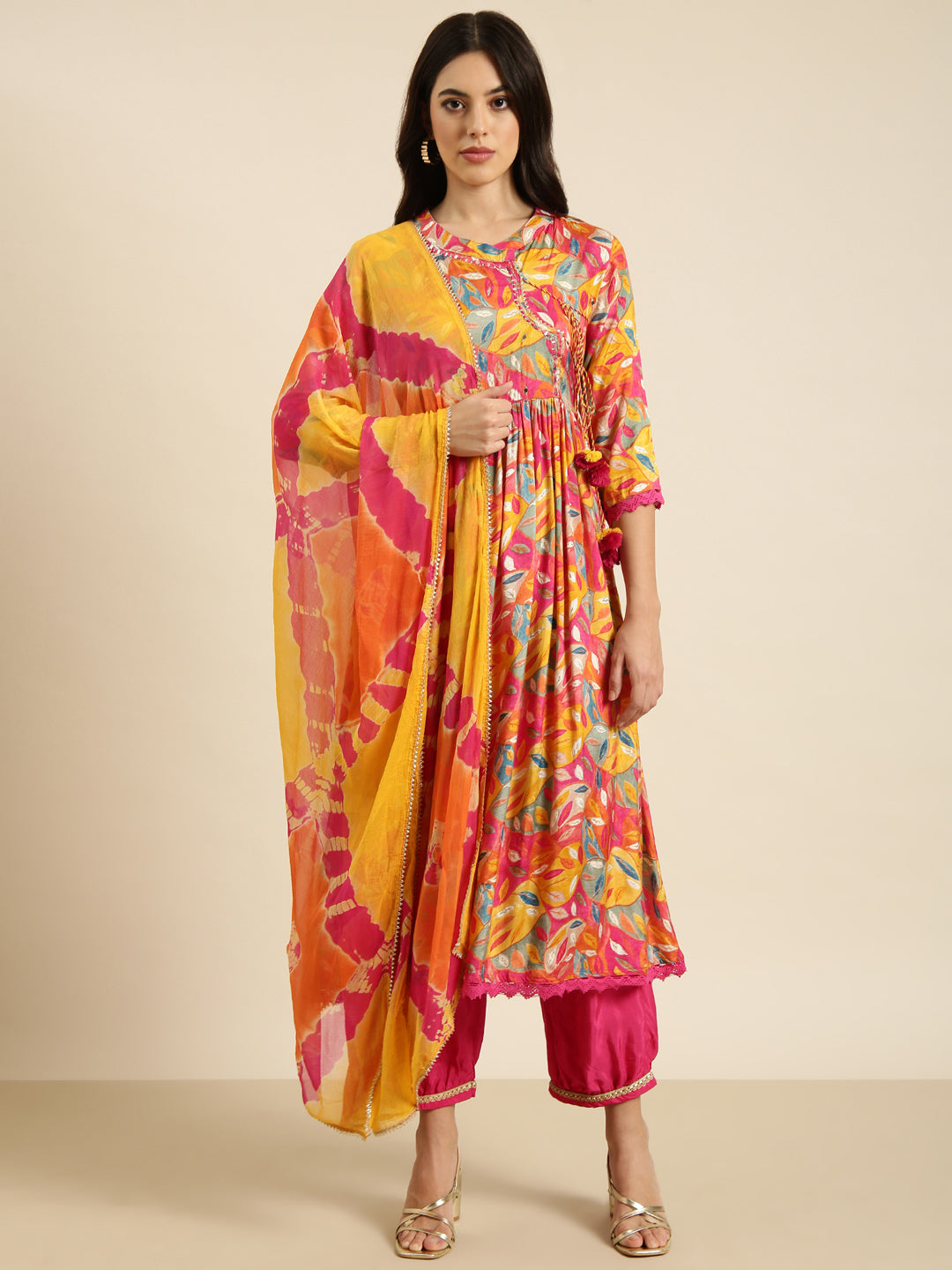 Women Anarkali Pink Floral Kurta and Trousers Set Comes With Dupatta