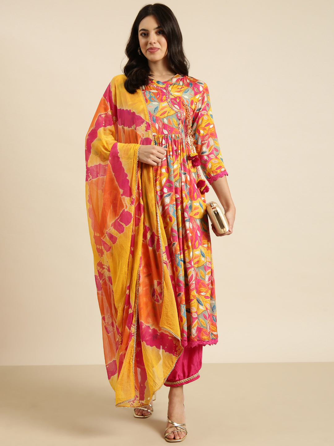 Women Anarkali Pink Floral Kurta and Trousers Set Comes With Dupatta