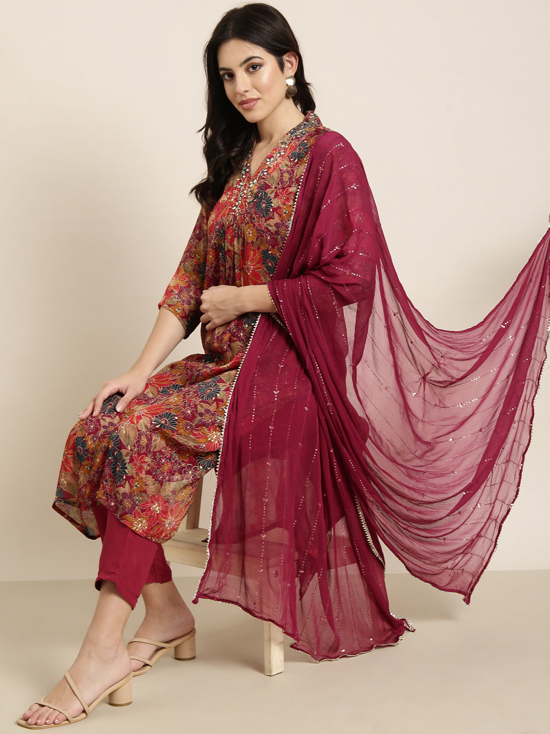 Women Straight Maroon Floral Kurta and Trousers Set Comes With Dupatta