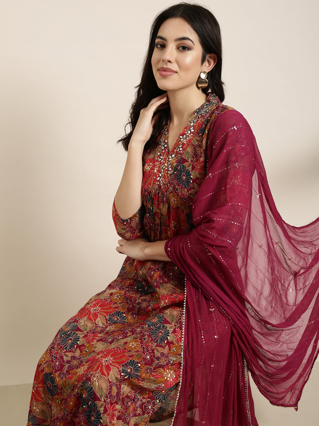 Women Straight Maroon Floral Kurta and Trousers Set Comes With Dupatta