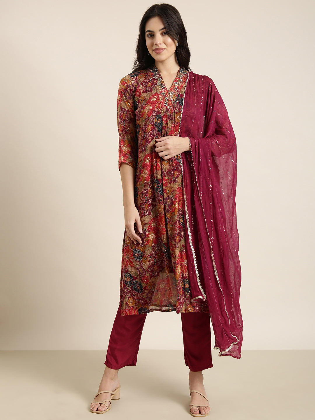 Women Straight Maroon Floral Kurta and Trousers Set Comes With Dupatta