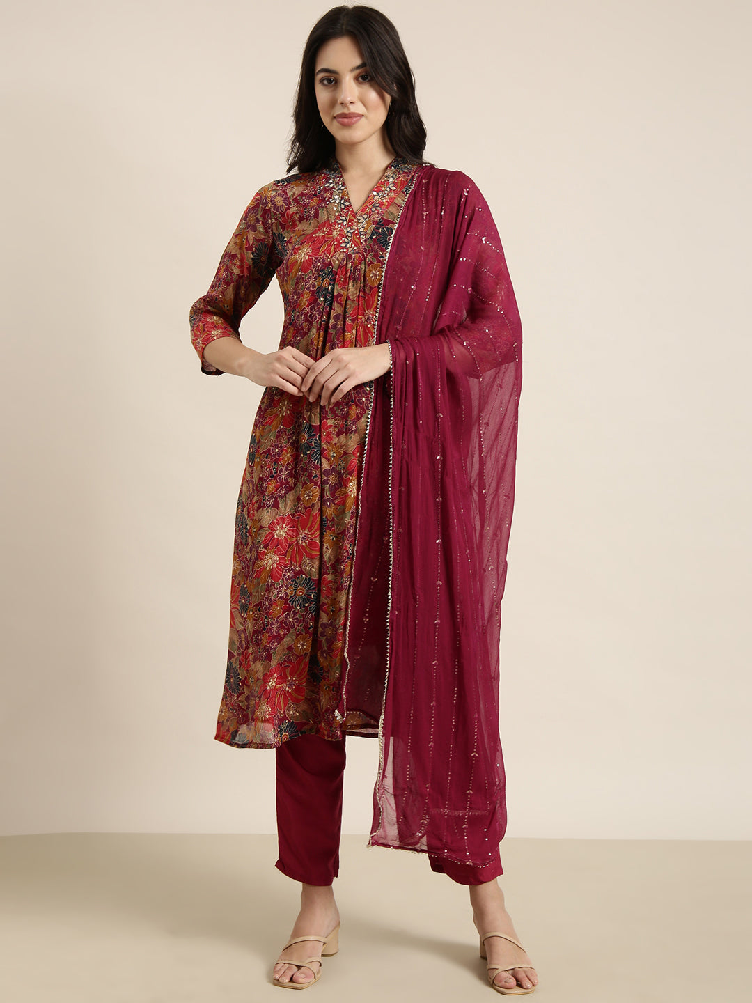 Women Straight Maroon Floral Kurta and Trousers Set Comes With Dupatta