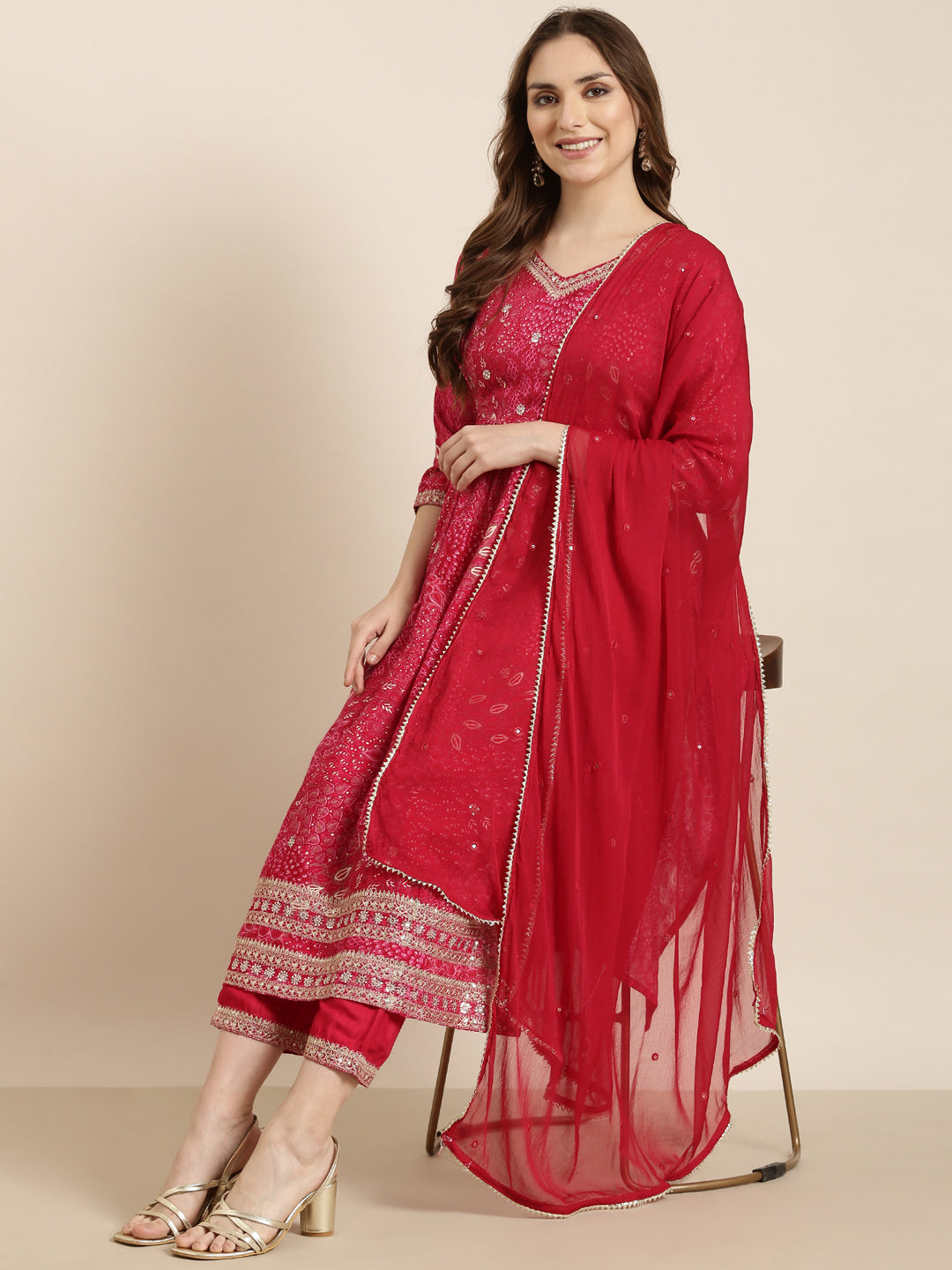 Women A-Line Pink Floral Kurta and Trousers Set Comes With Dupatta