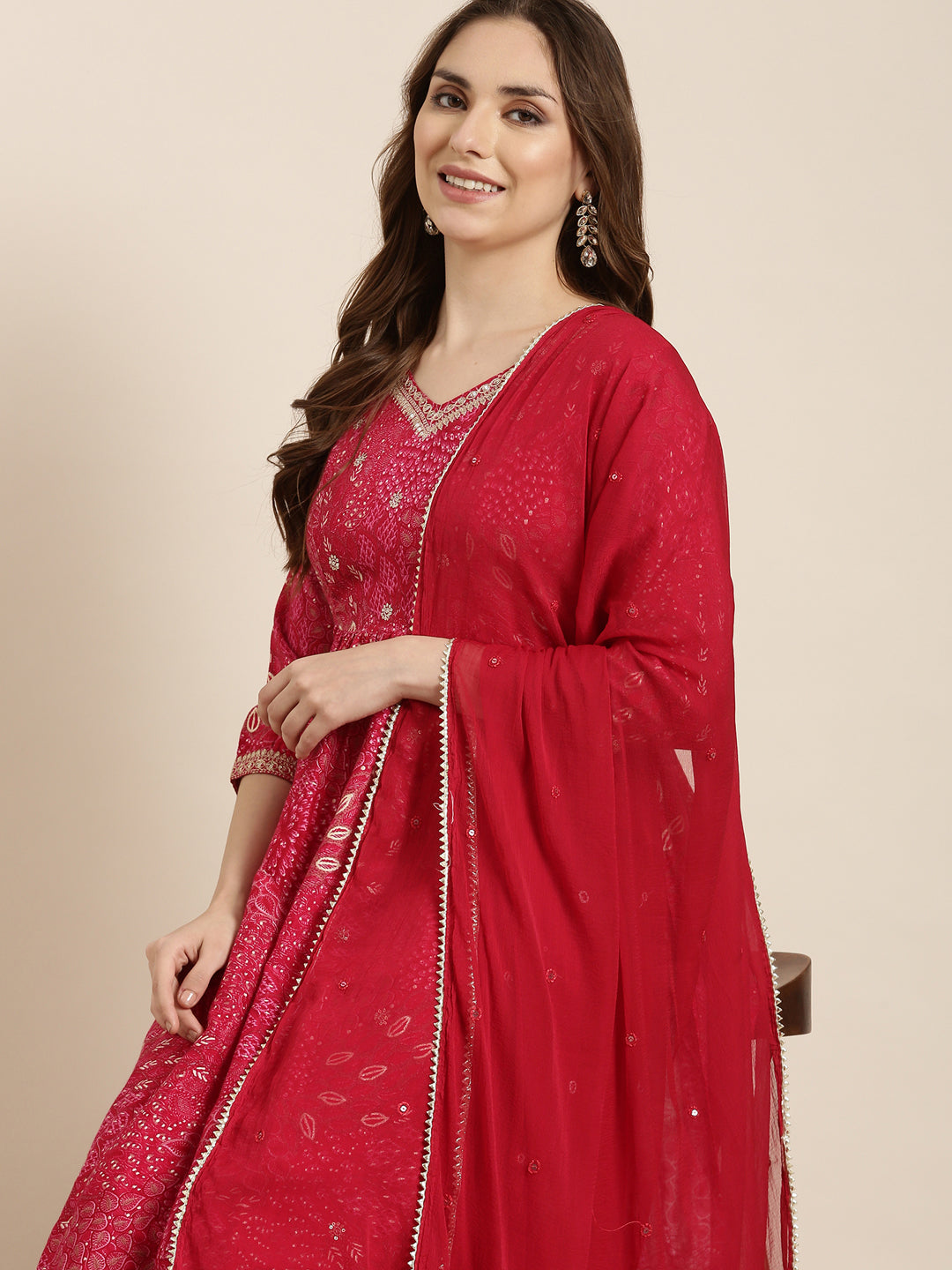 Women A-Line Pink Floral Kurta and Trousers Set Comes With Dupatta