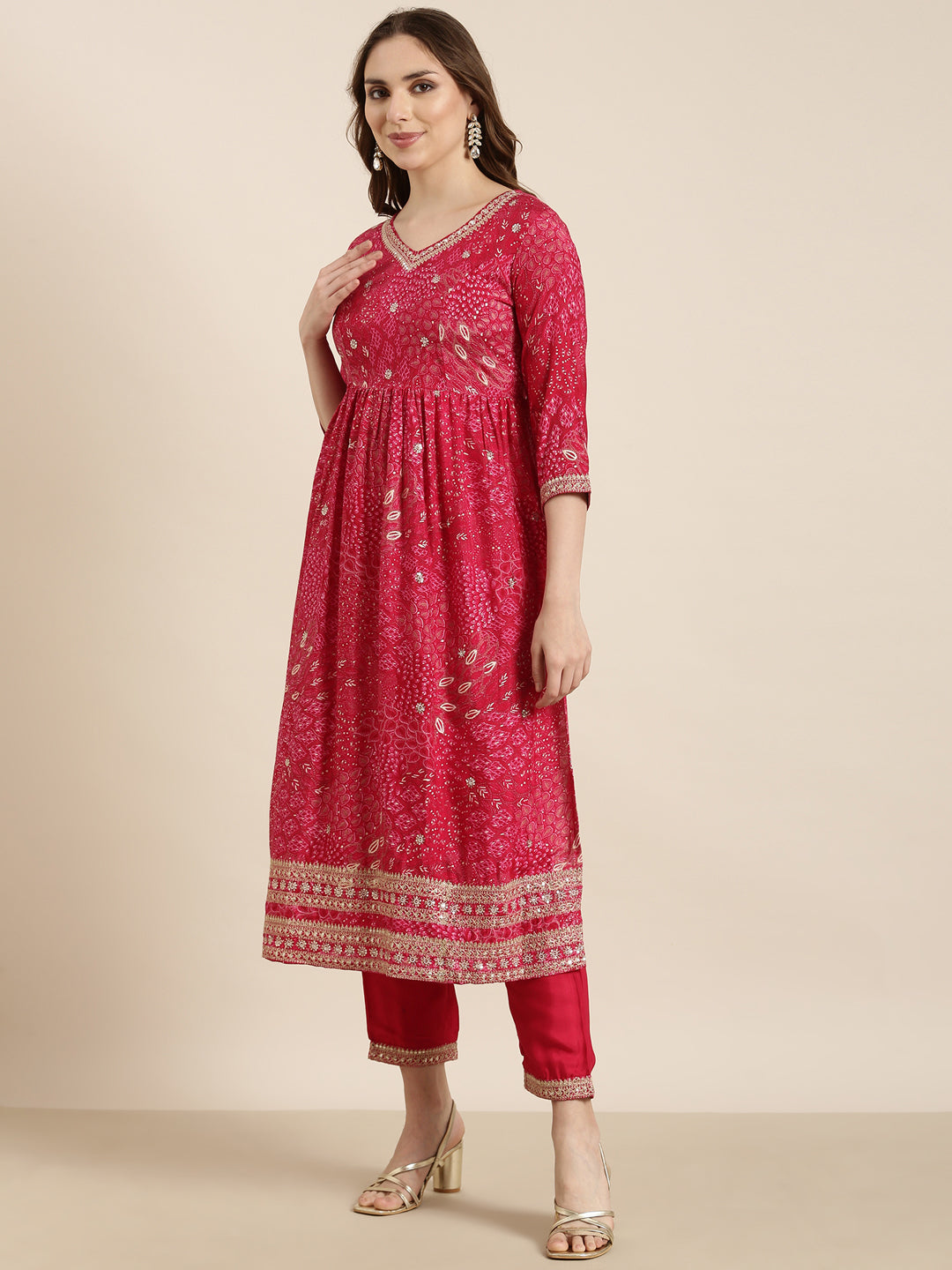 Women A-Line Pink Floral Kurta and Trousers Set Comes With Dupatta