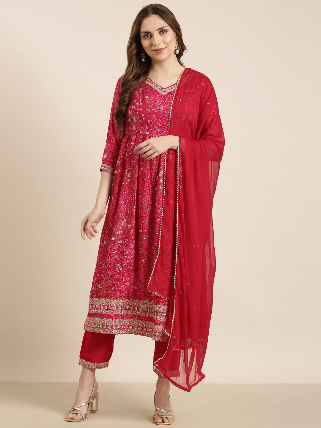 Women A-Line Pink Floral Kurta and Trousers Set Comes With Dupatta