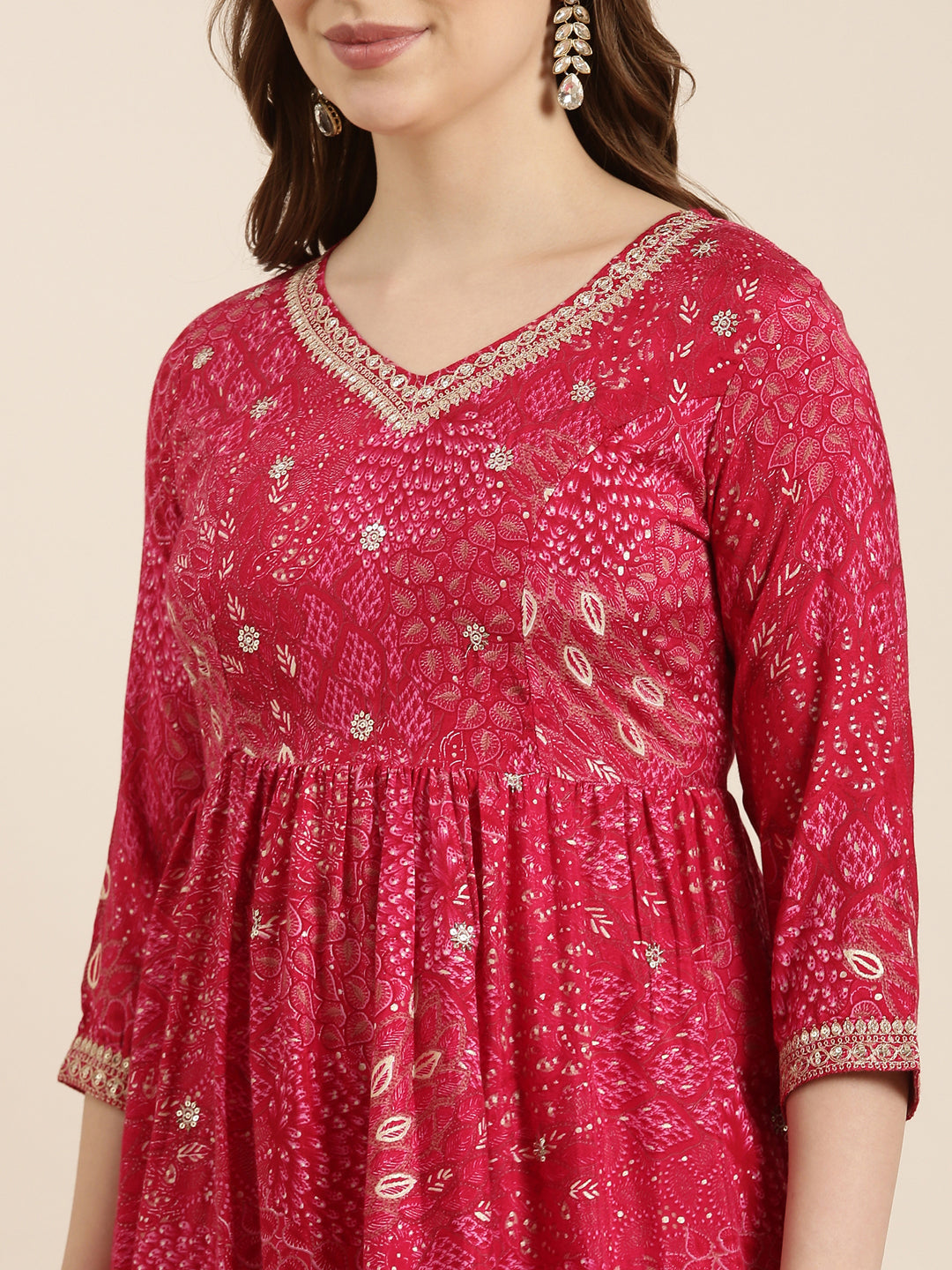 Women A-Line Pink Floral Kurta and Trousers Set Comes With Dupatta