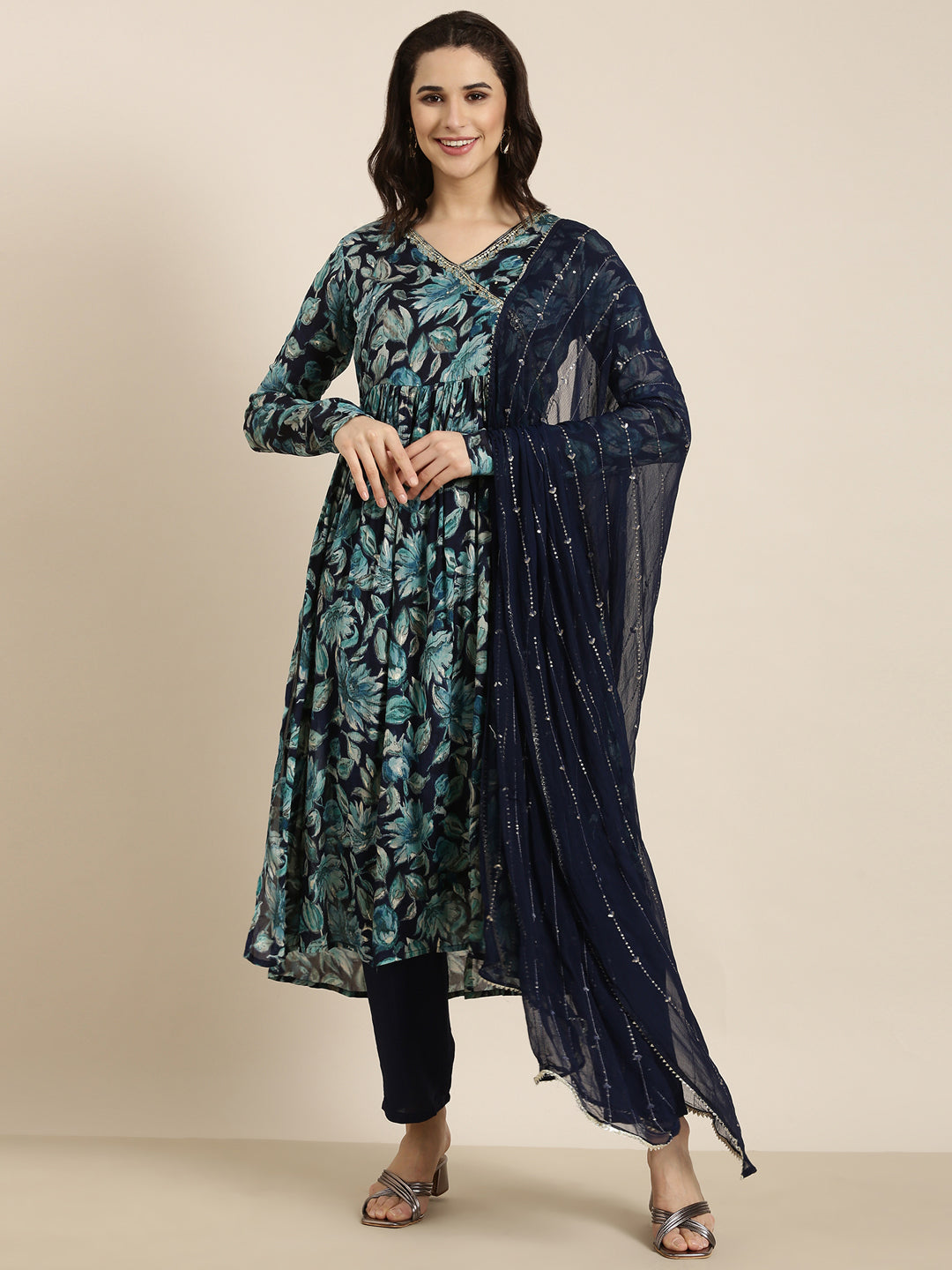 Women Straight Blue Floral Kurta and Trousers Set Comes With Dupatta