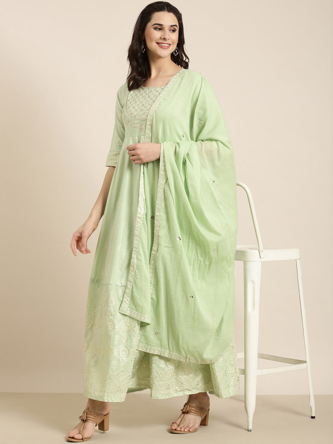 Women Anarkali Green Floral Kurta Comes with Dupatta