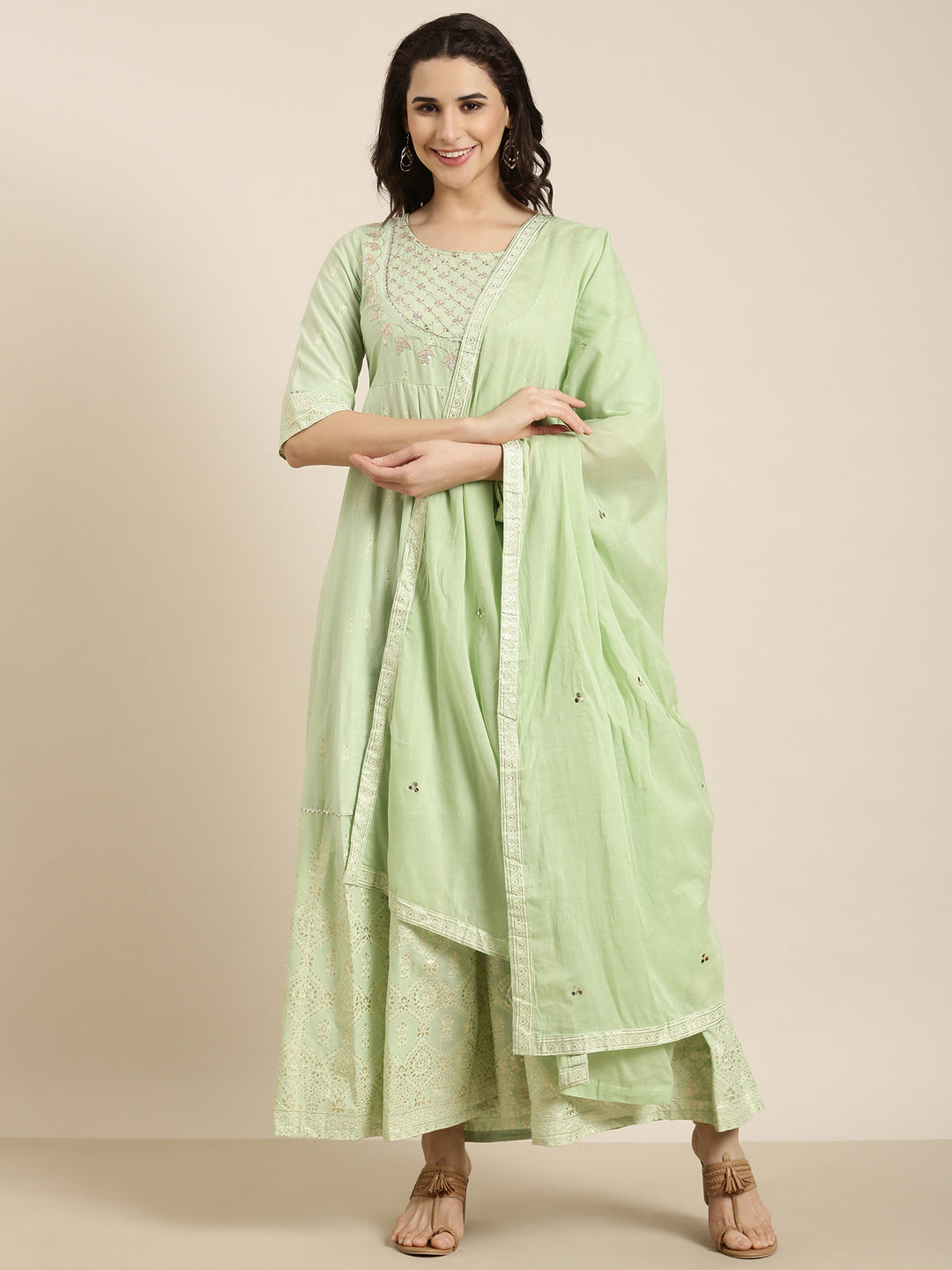 Women Anarkali Green Floral Kurta Comes with Dupatta