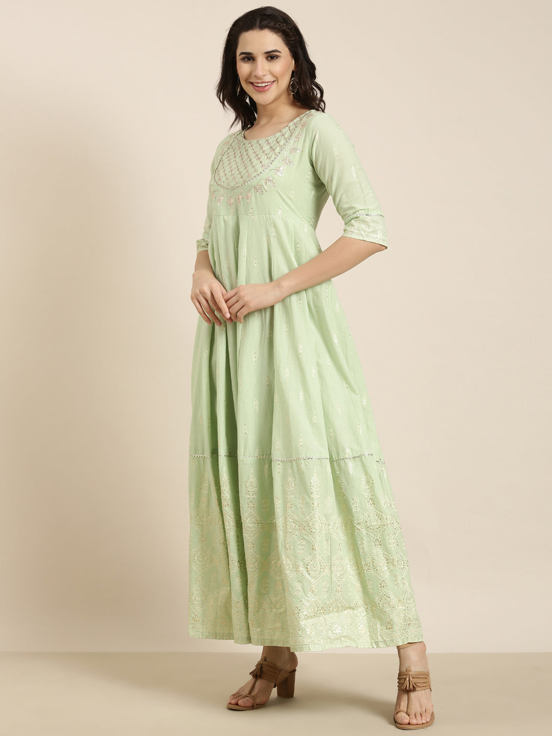 Women Anarkali Green Floral Kurta Comes with Dupatta