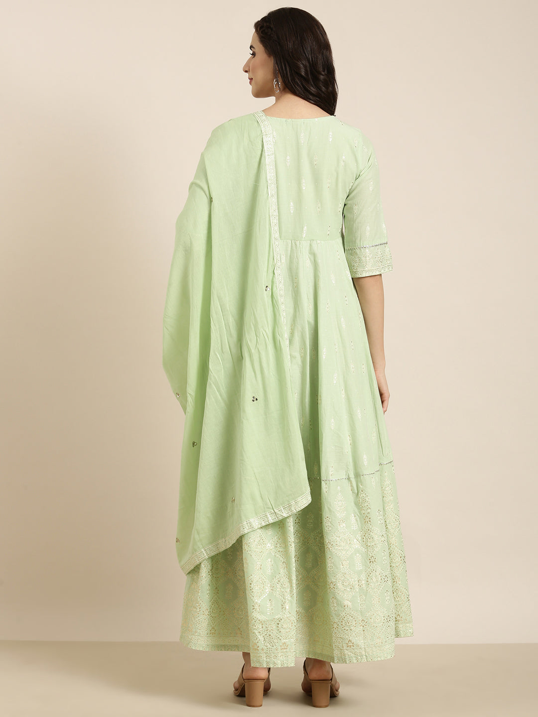 Women Anarkali Green Floral Kurta Comes with Dupatta