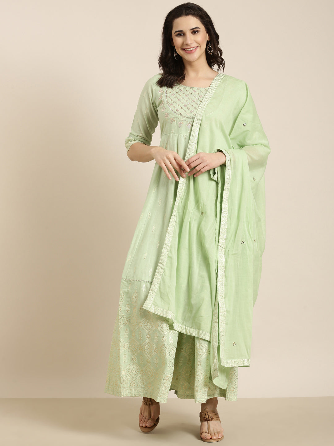 Women Anarkali Green Floral Kurta Comes with Dupatta