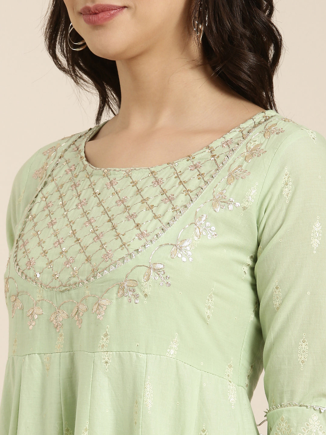 Women Anarkali Green Floral Kurta Comes with Dupatta