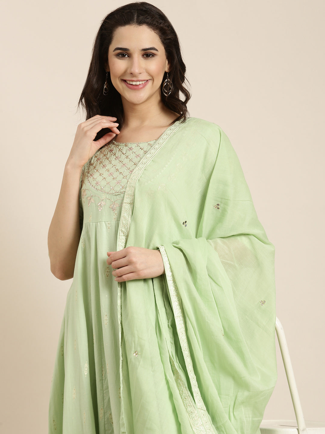 Women Anarkali Green Floral Kurta Comes with Dupatta