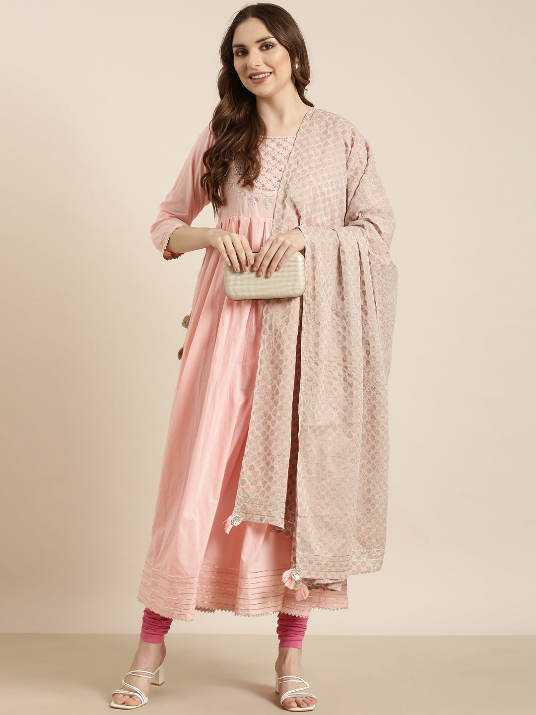 Women Anarkali Pink Solid Kurta Comes with Dupatta