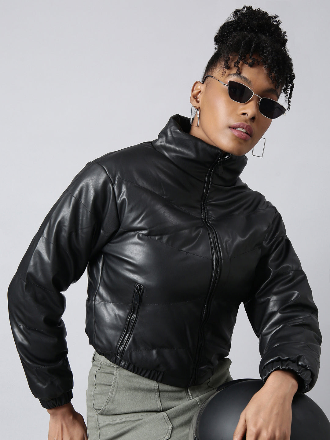 Women Solid Black Puffer Jacket