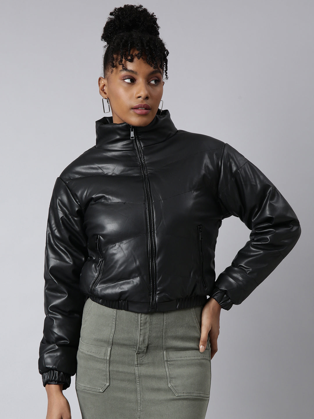 Women Solid Black Puffer Jacket