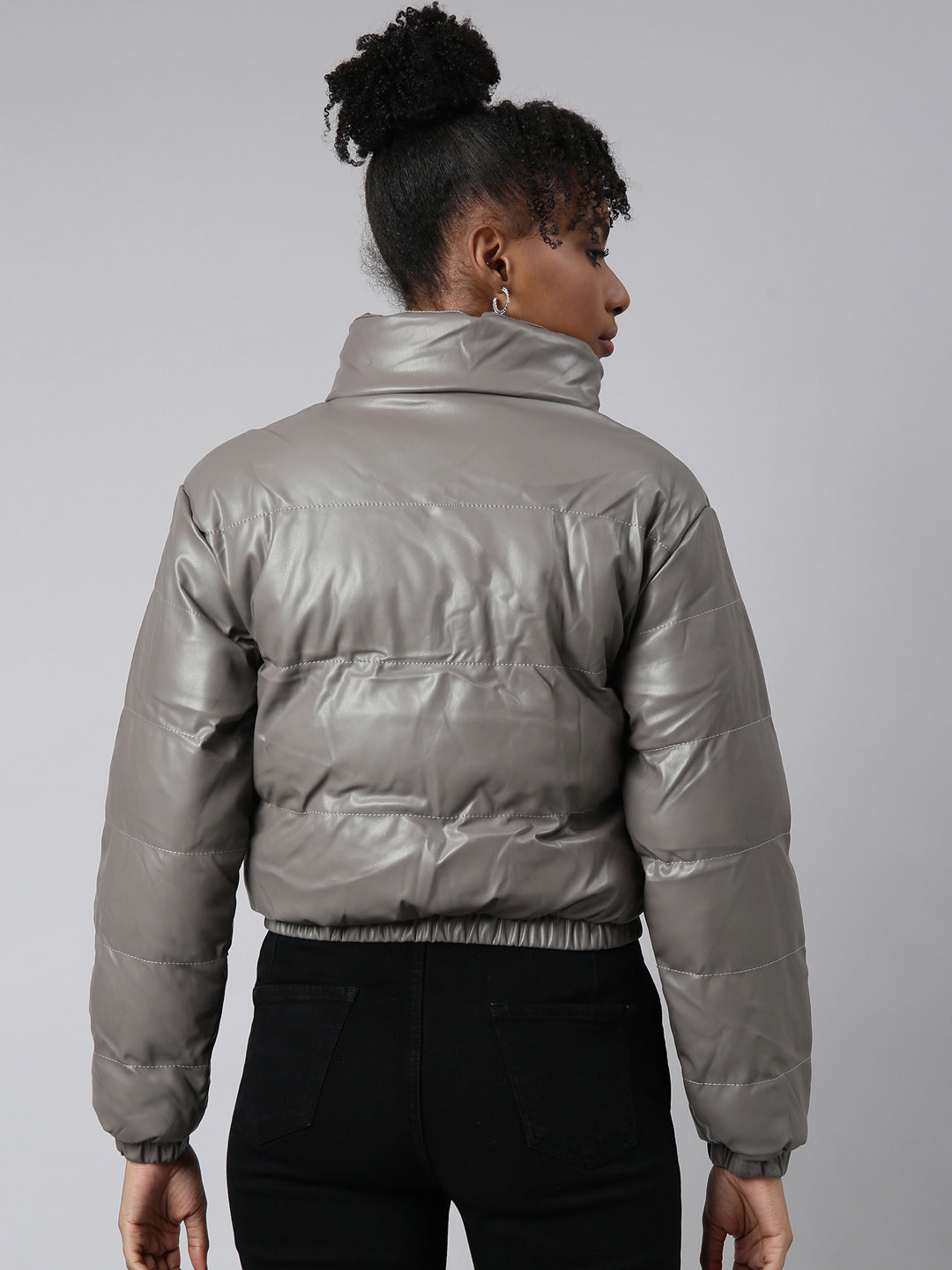 Women Solid Grey Puffer Jacket