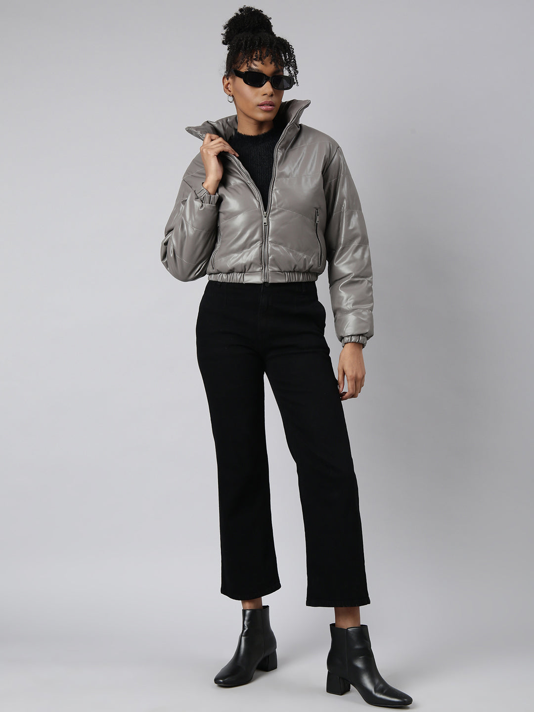 Women Solid Grey Puffer Jacket