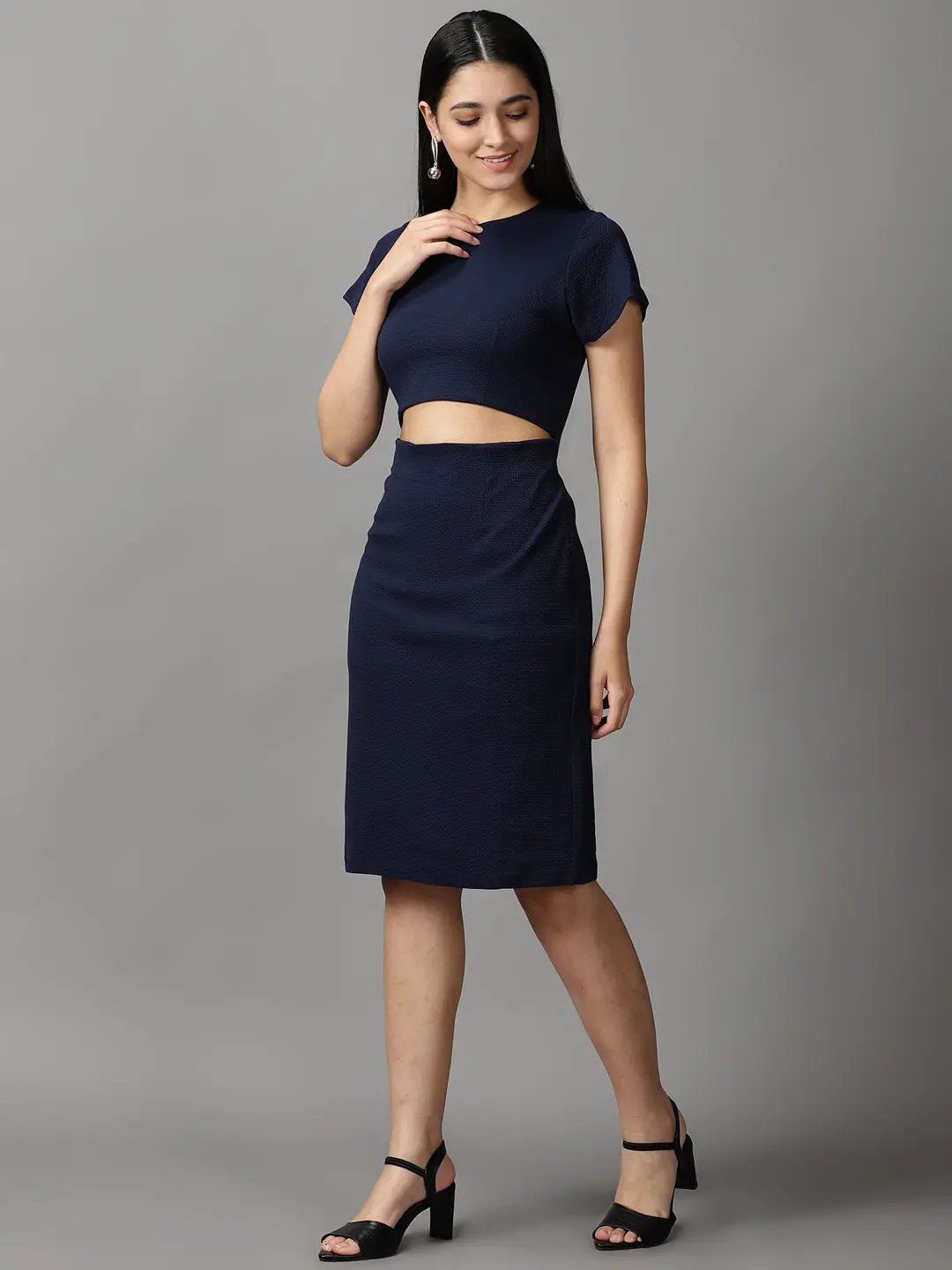 Women's Navy Blue Solid Bodycon Dress