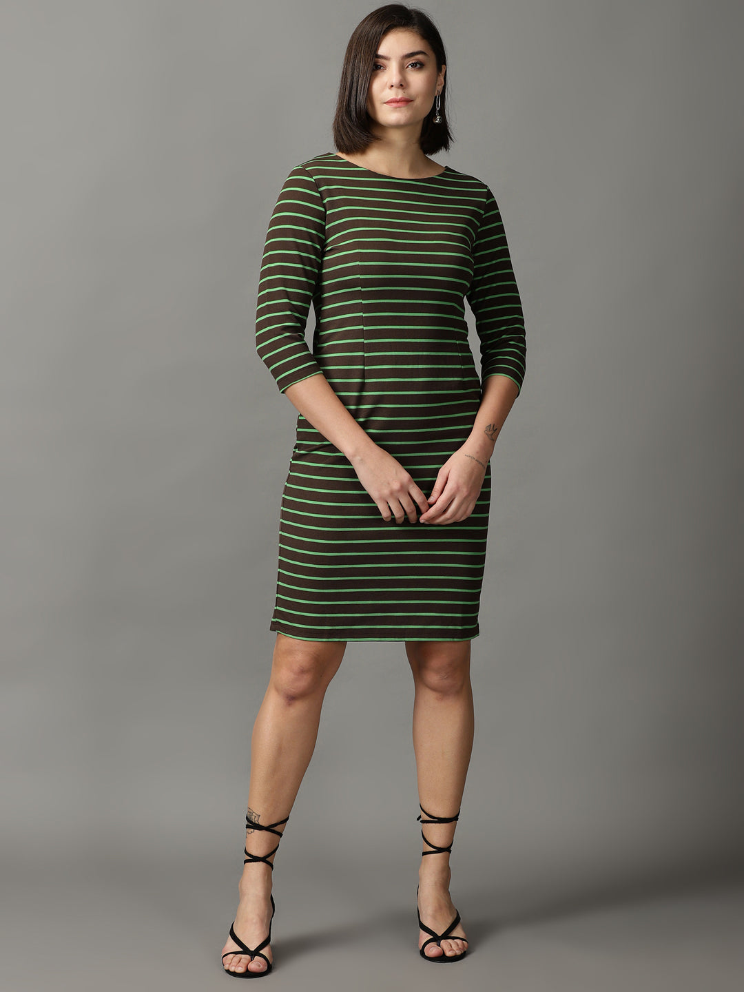 Women's Coffee Brown Striped Bodycon Dress