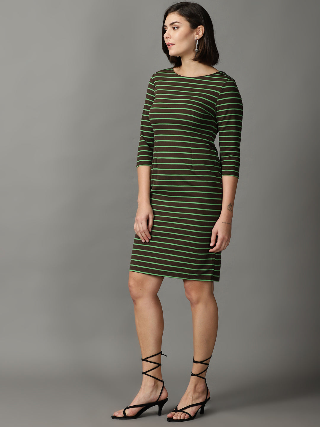 Women's Coffee Brown Striped Bodycon Dress