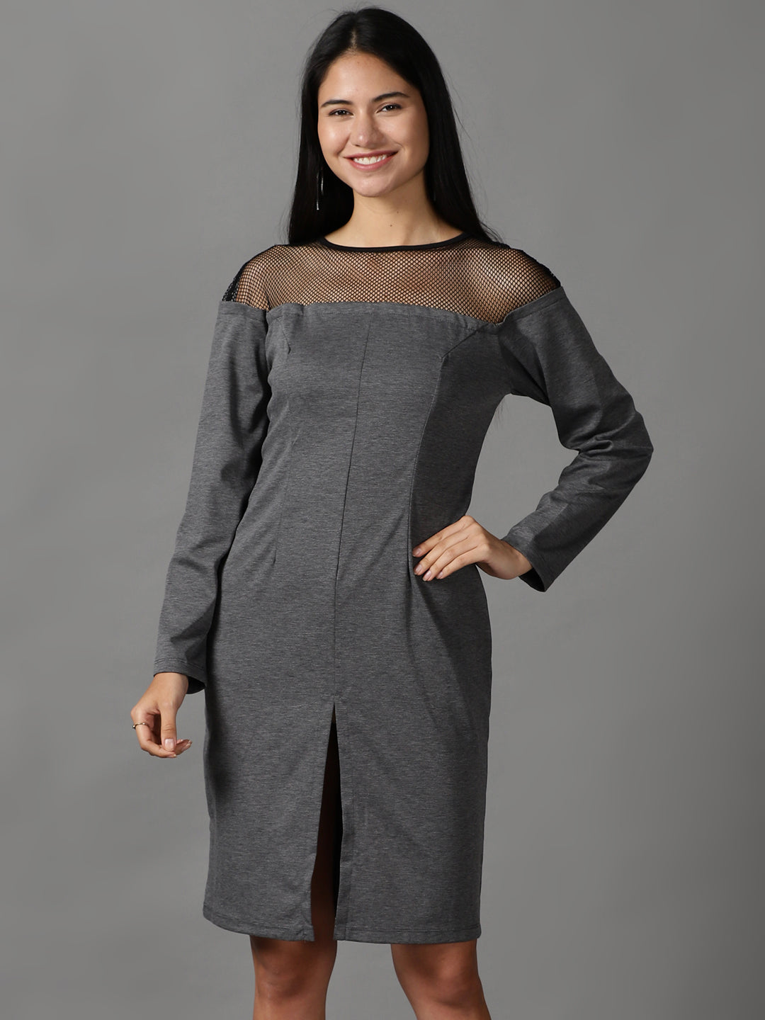 Women's Grey Solid Bodycon Dress