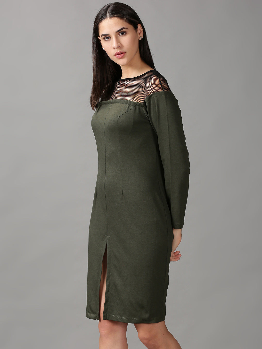 Women's Olive Solid Bodycon Dress