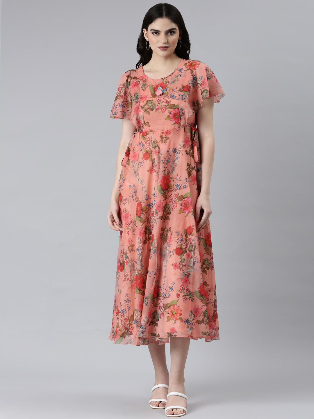 Women's Orange Floral Fit and Flare Dress