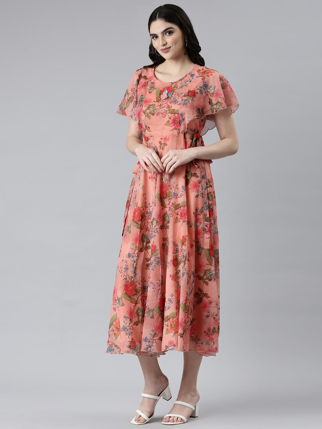 Women's Orange Floral Fit and Flare Dress