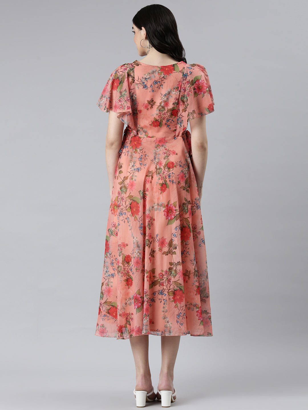 Women's Orange Floral Fit and Flare Dress