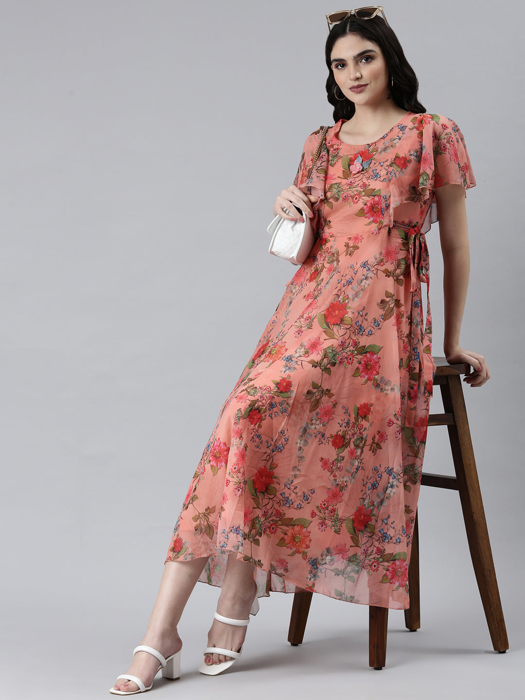Women's Orange Floral Fit and Flare Dress