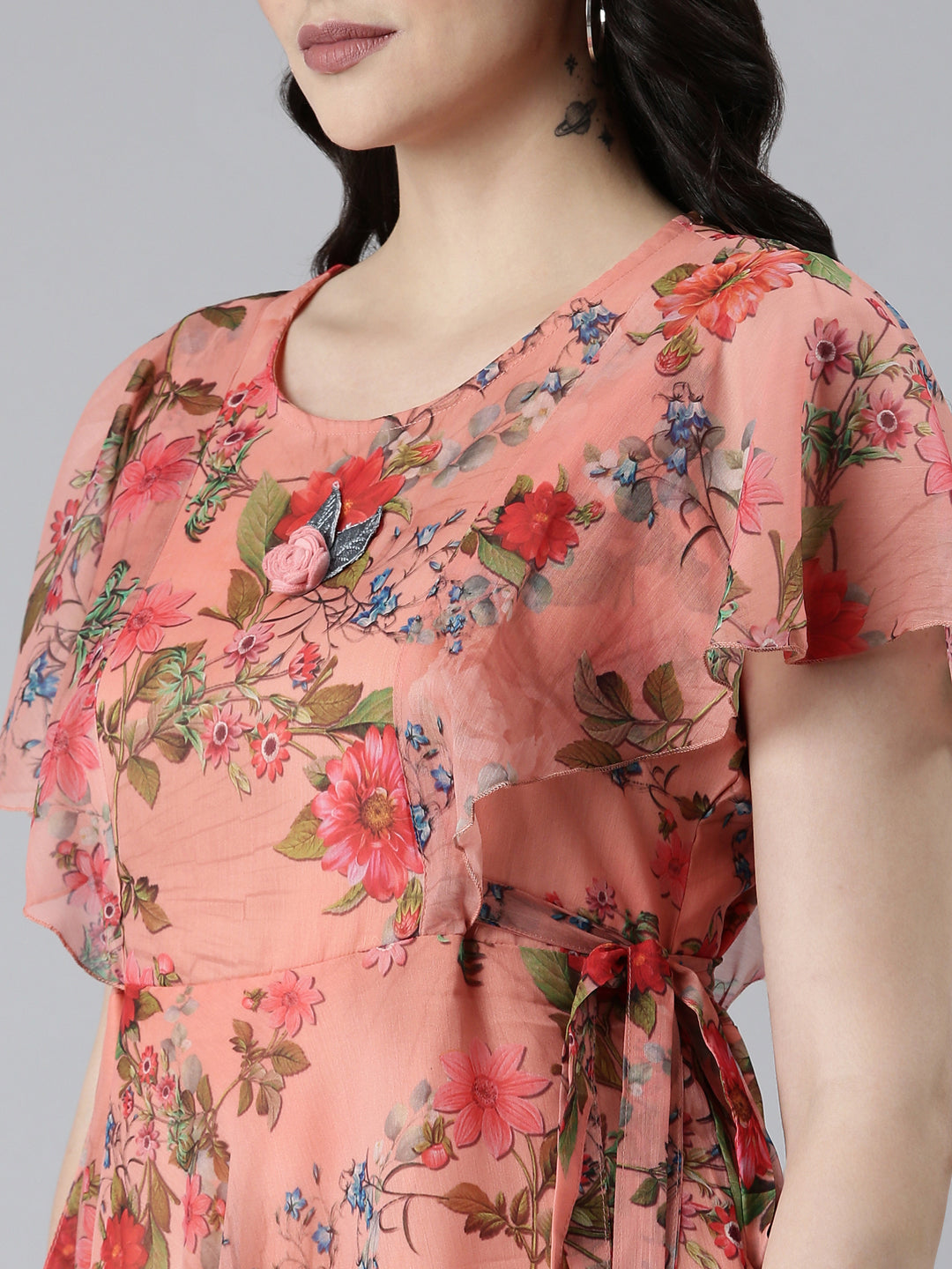 Women's Orange Floral Fit and Flare Dress