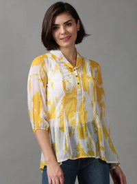 Women's White Print Mandarin Collar Chiffon Top