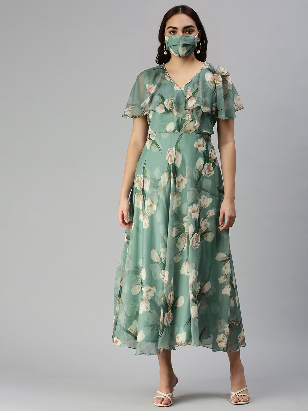 Women's Green Printed A-Line Dress