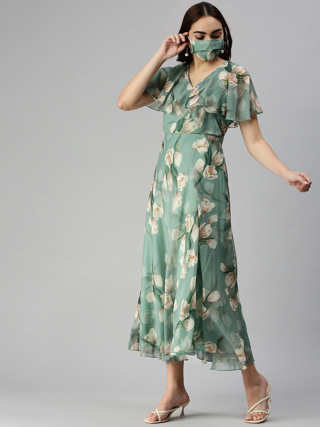 Women's Green Printed A-Line Dress