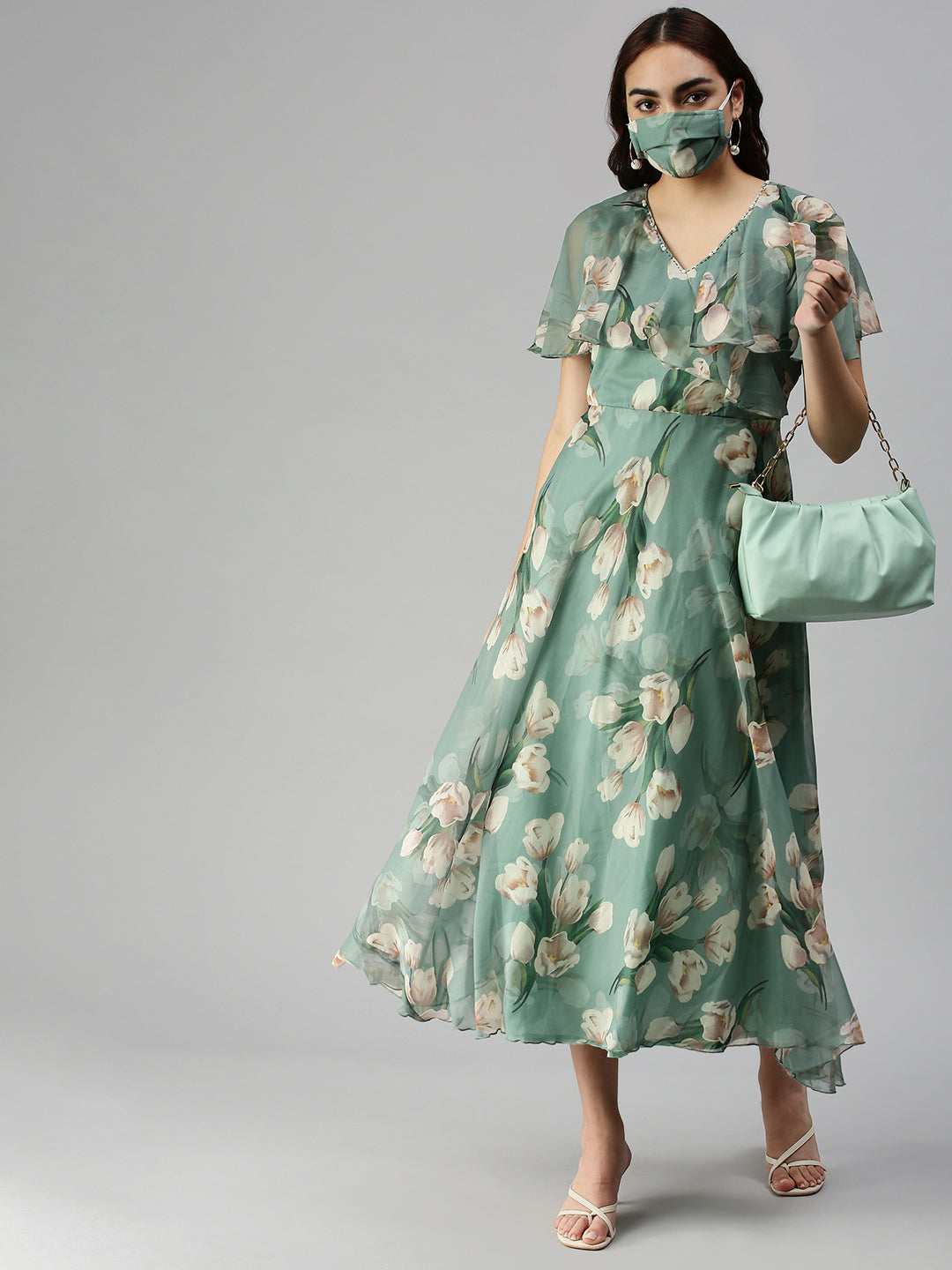 Women's Green Printed A-Line Dress