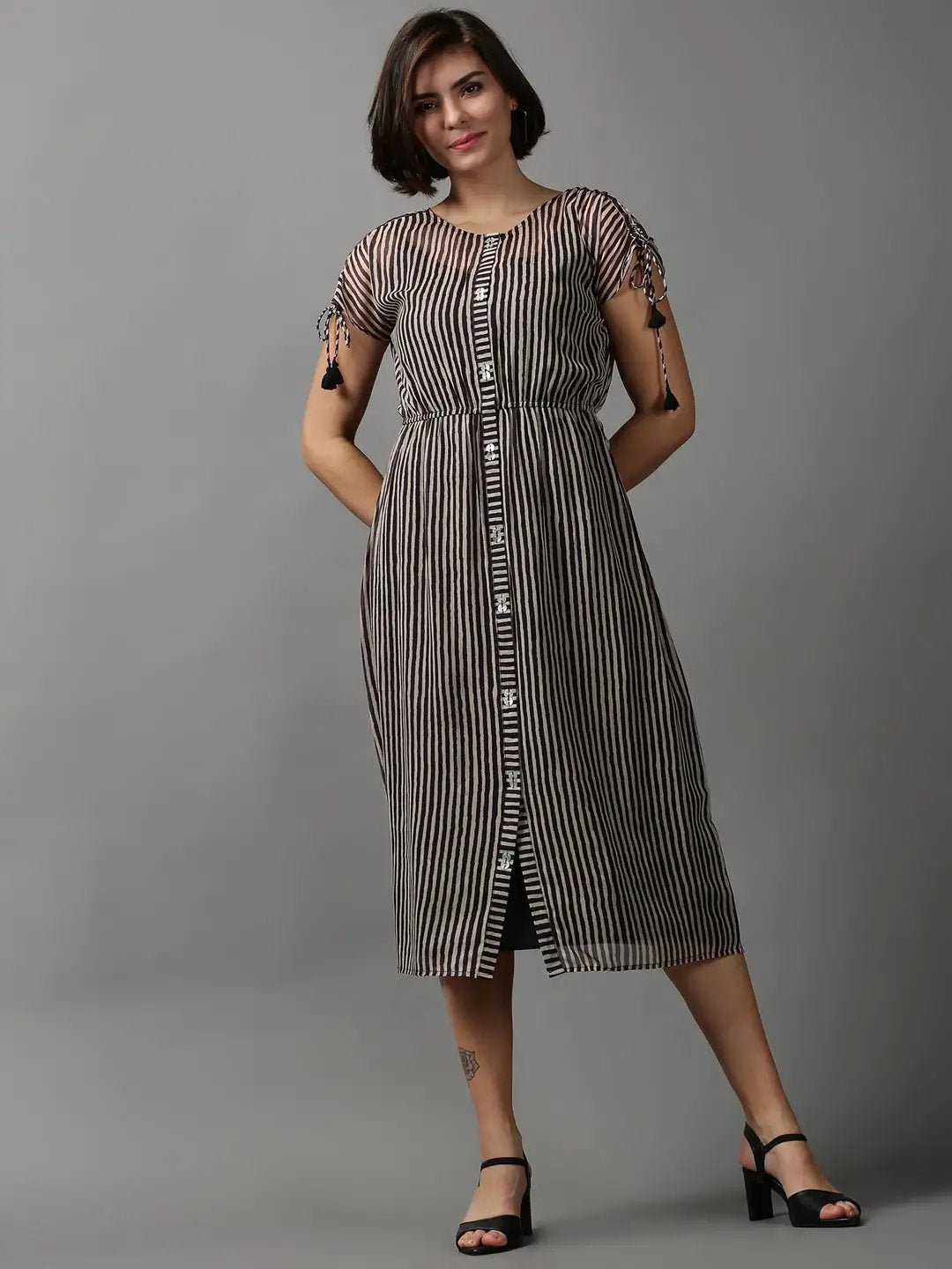 Women's Black Striped A-Line Dress