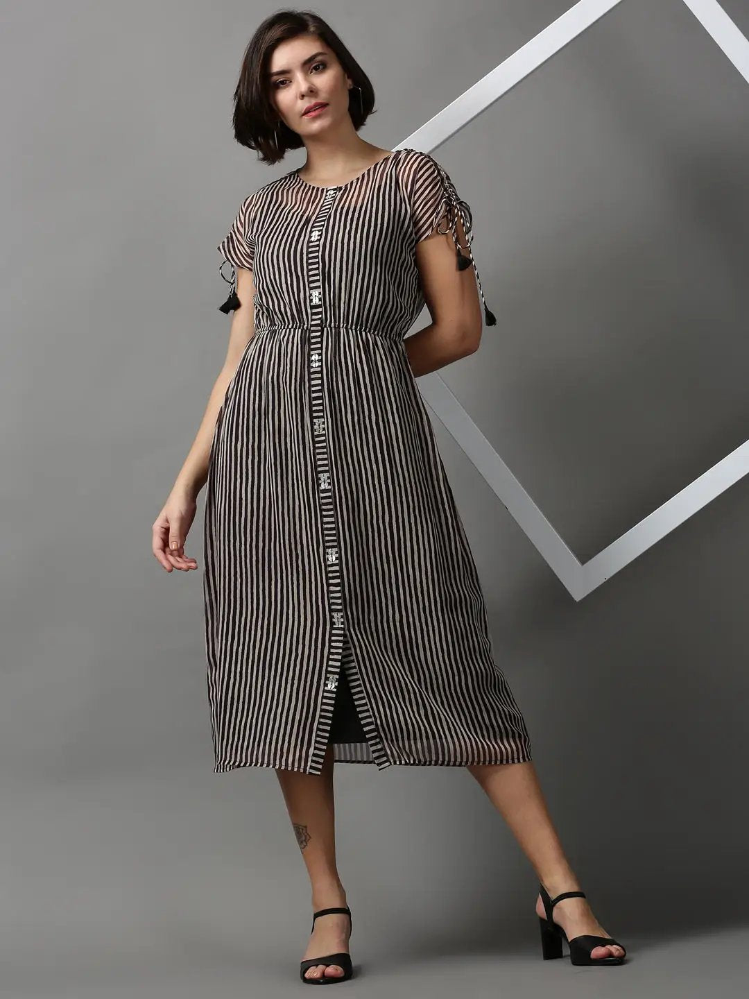 Women's Black Striped A-Line Dress