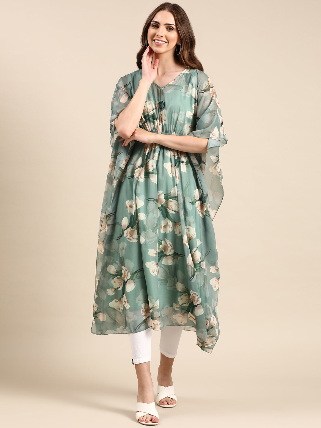 Women's Green Printed Kaftan Kurta