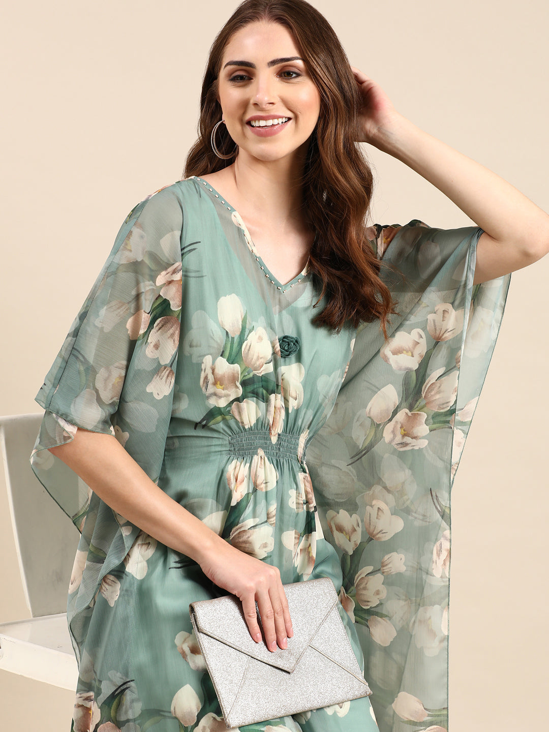 Women's Green Printed Kaftan Kurta