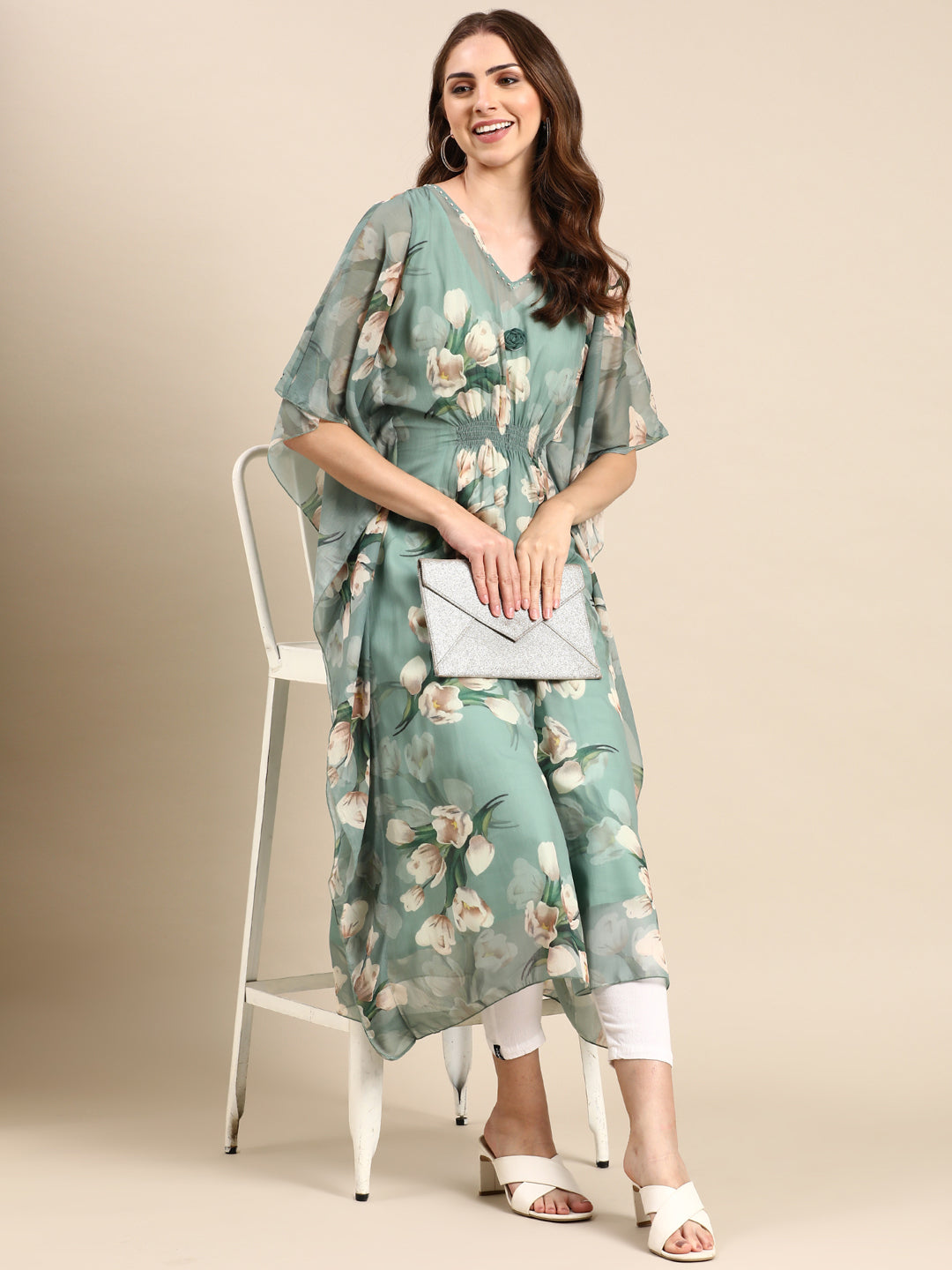 Women's Green Printed Kaftan Kurta