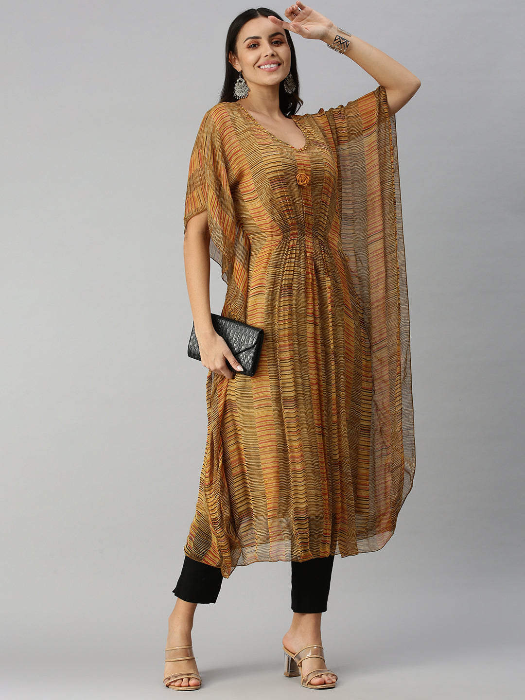 Women's Mustard Multi Striped Kaftan Kurta
