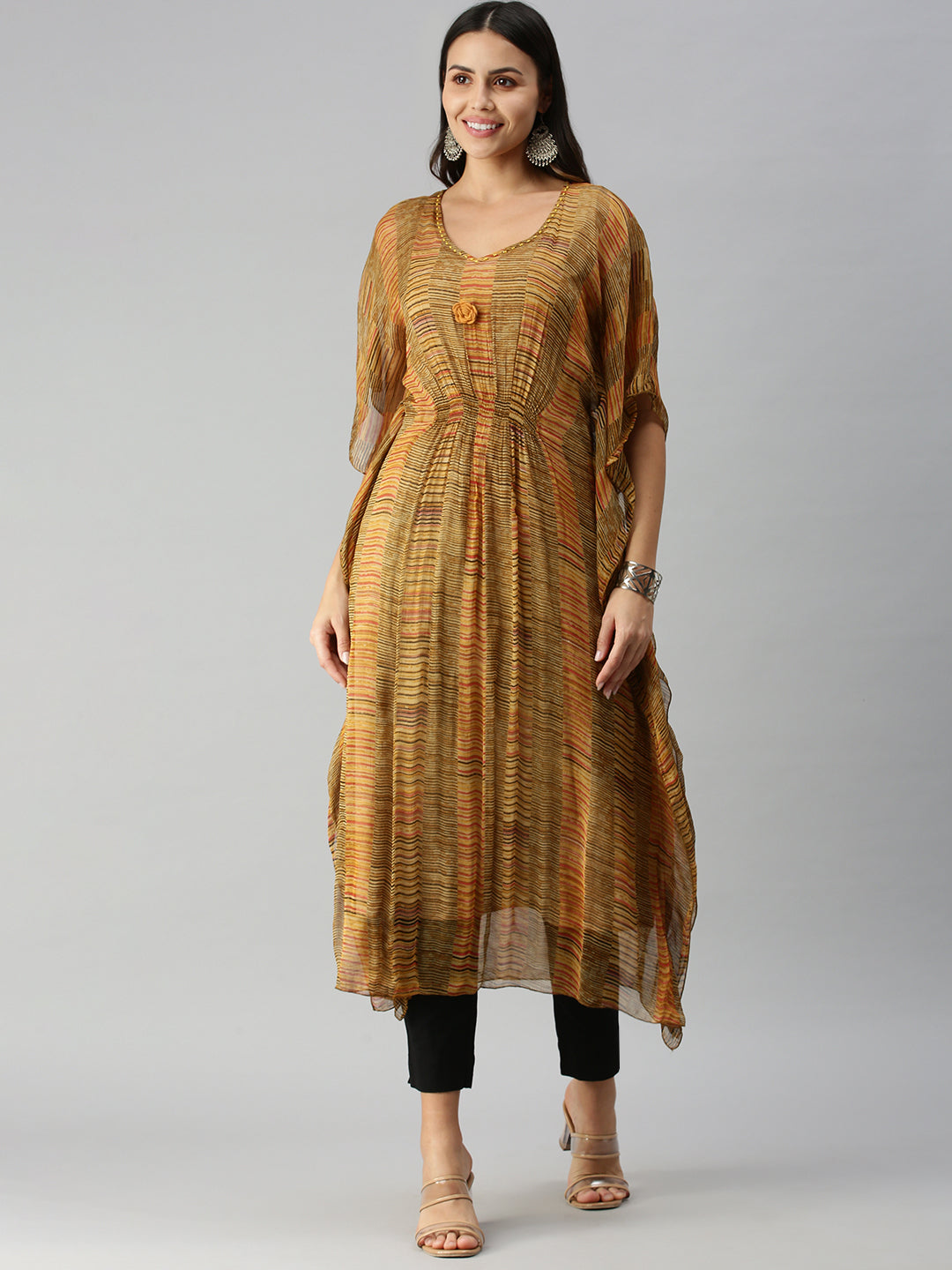 Women's Mustard Multi Striped Kaftan Kurta