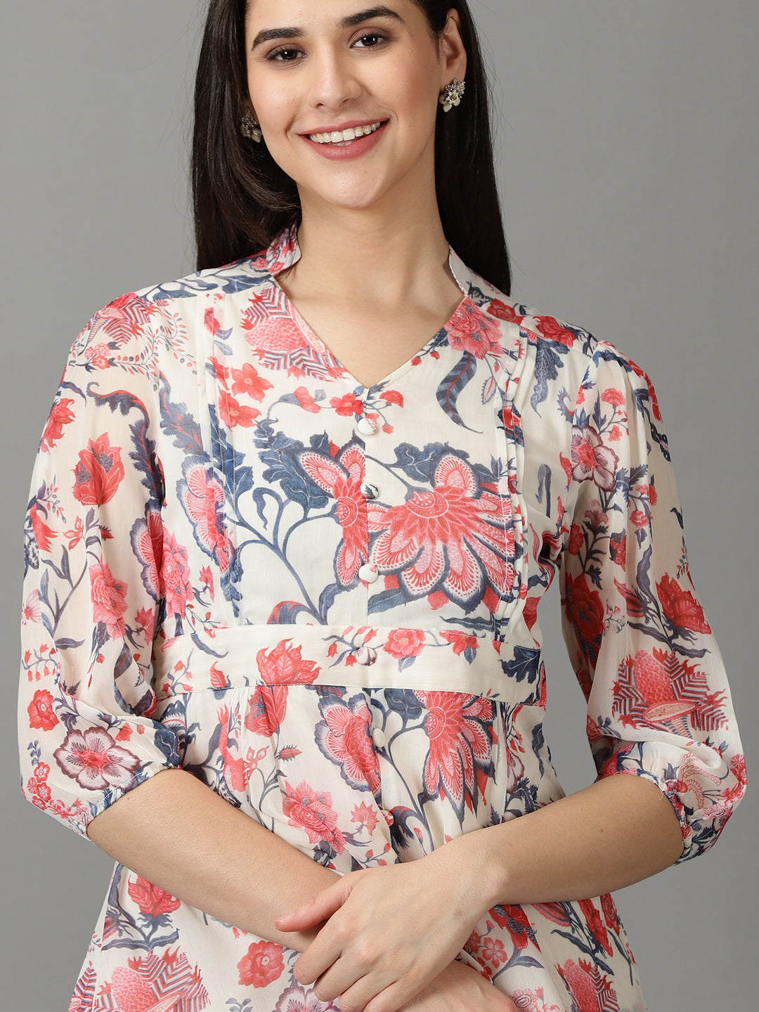 Women's Off White V-Neck Floral Printed Layered Chiffon Fit & Flare Dress