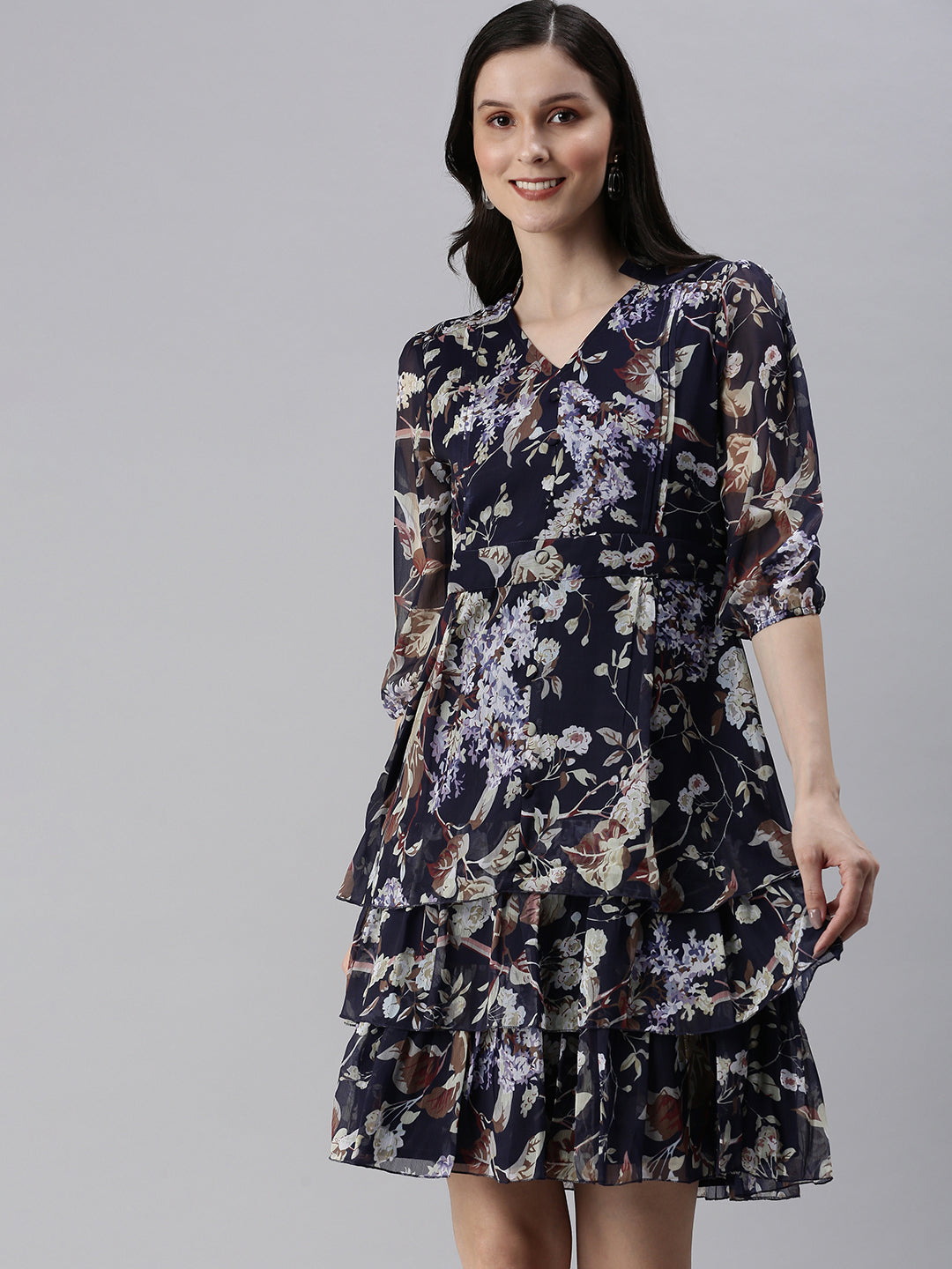 Women Navy Blue Printed Fit and Flare Dress