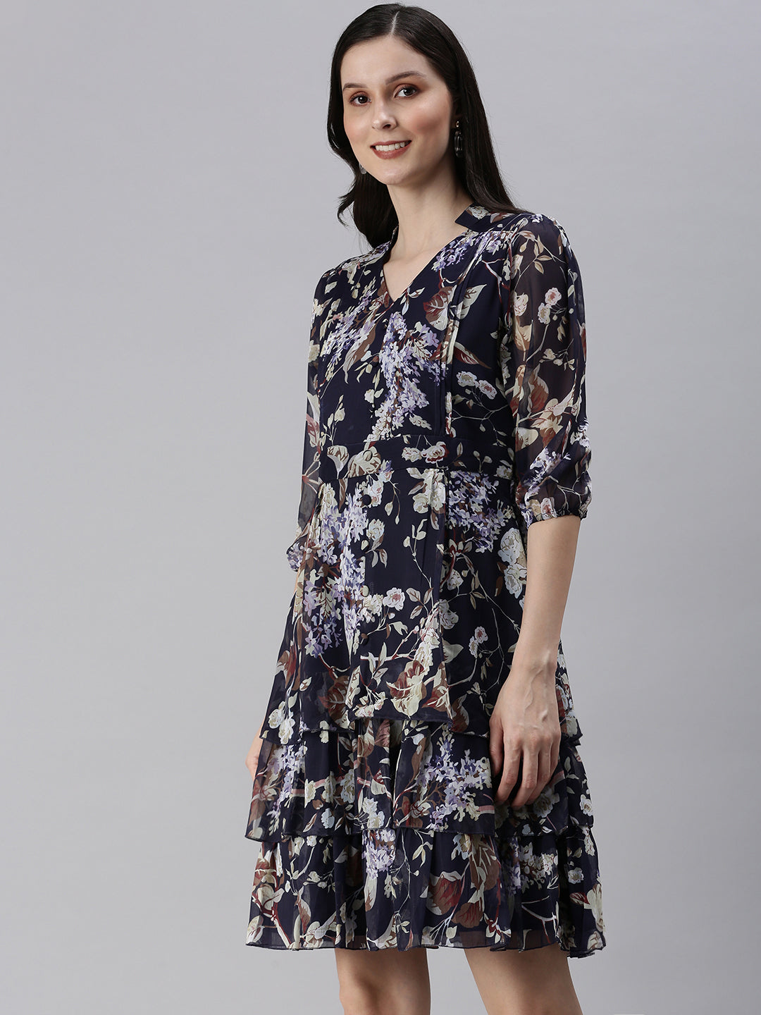 Women Navy Blue Printed Fit and Flare Dress