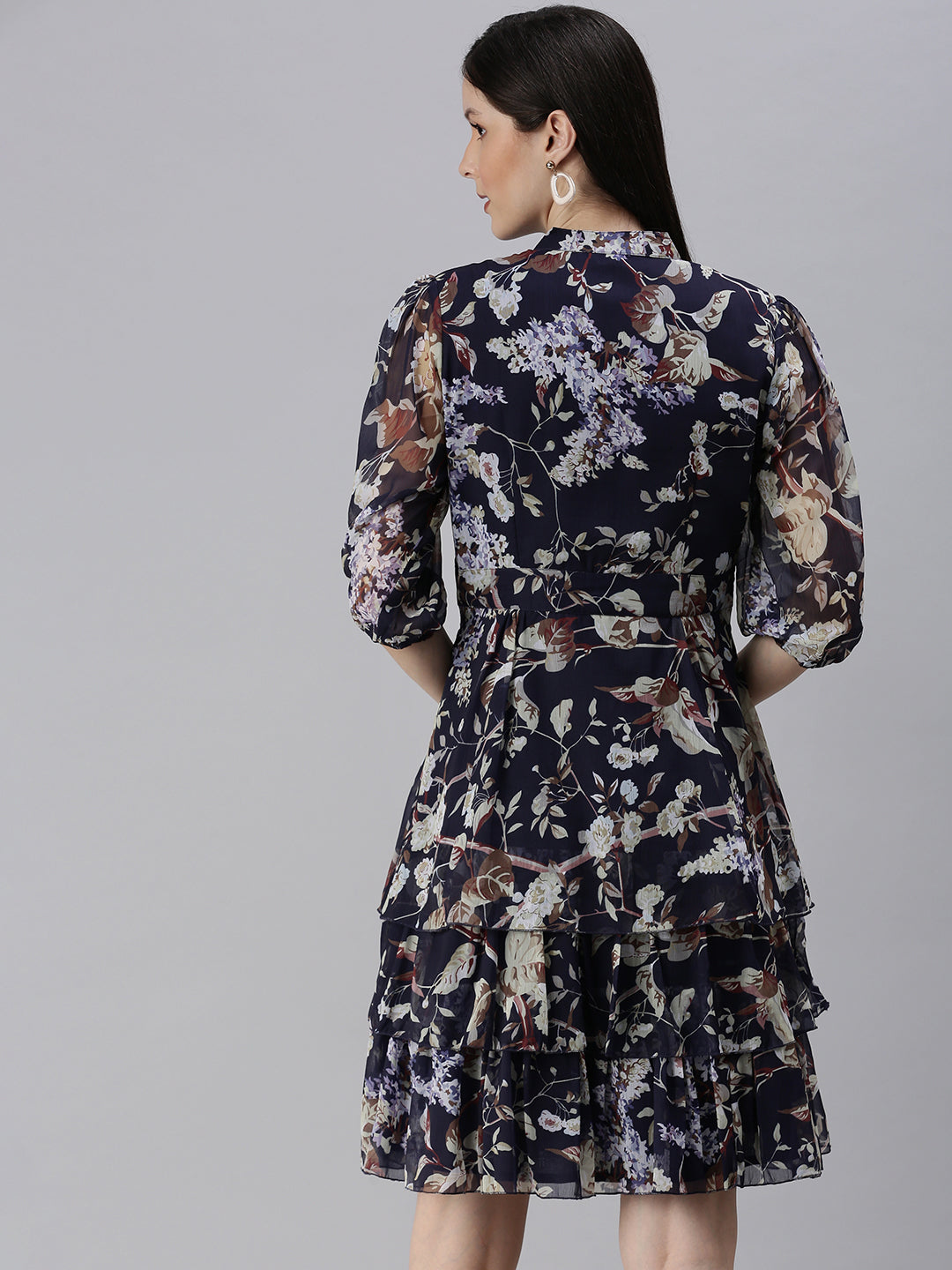 Women Navy Blue Printed Fit and Flare Dress