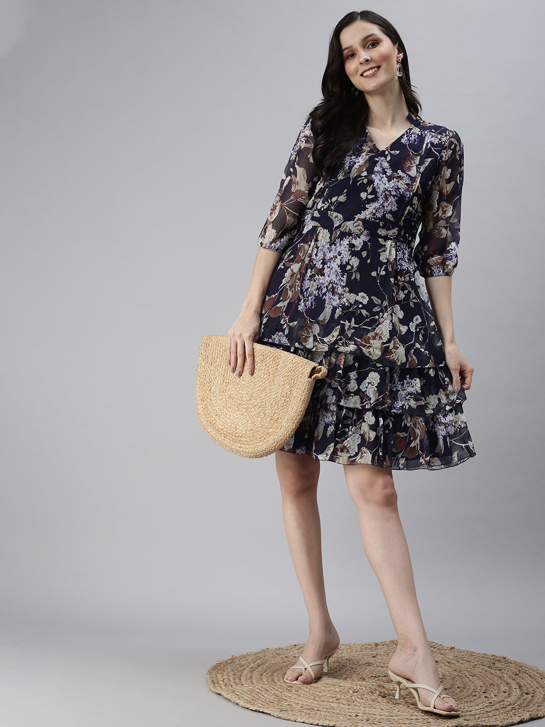 Women Navy Blue Printed Fit and Flare Dress